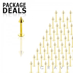 50PCS OF GOLD OVER 316L SURGICAL STEEL EXTERNALLY THREADED LABRET WITH SPIKE SET PACKAGE